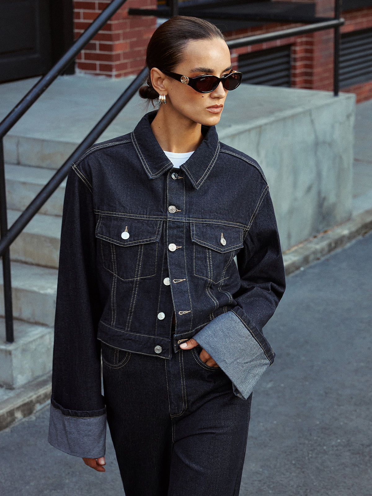 Relaxed Fit Denim Jacket with Cuffed Sleeves