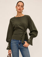 Knot Twist Detail Balloon Sleeve Cozy Sweatshirt