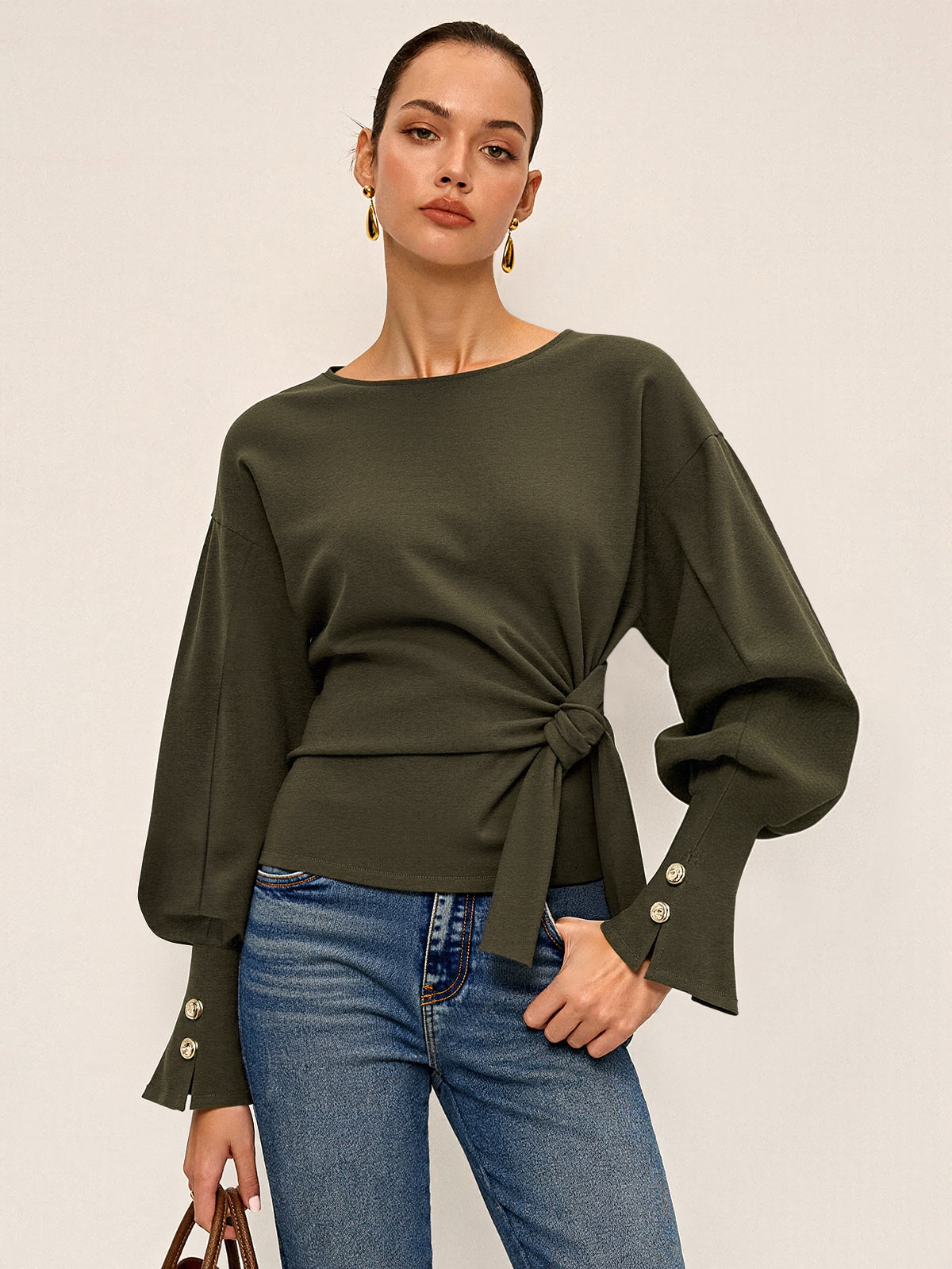 Knot Twist Detail Balloon Sleeve Cozy Sweatshirt