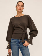 Knot Twist Detail Balloon Sleeve Cozy Sweatshirt