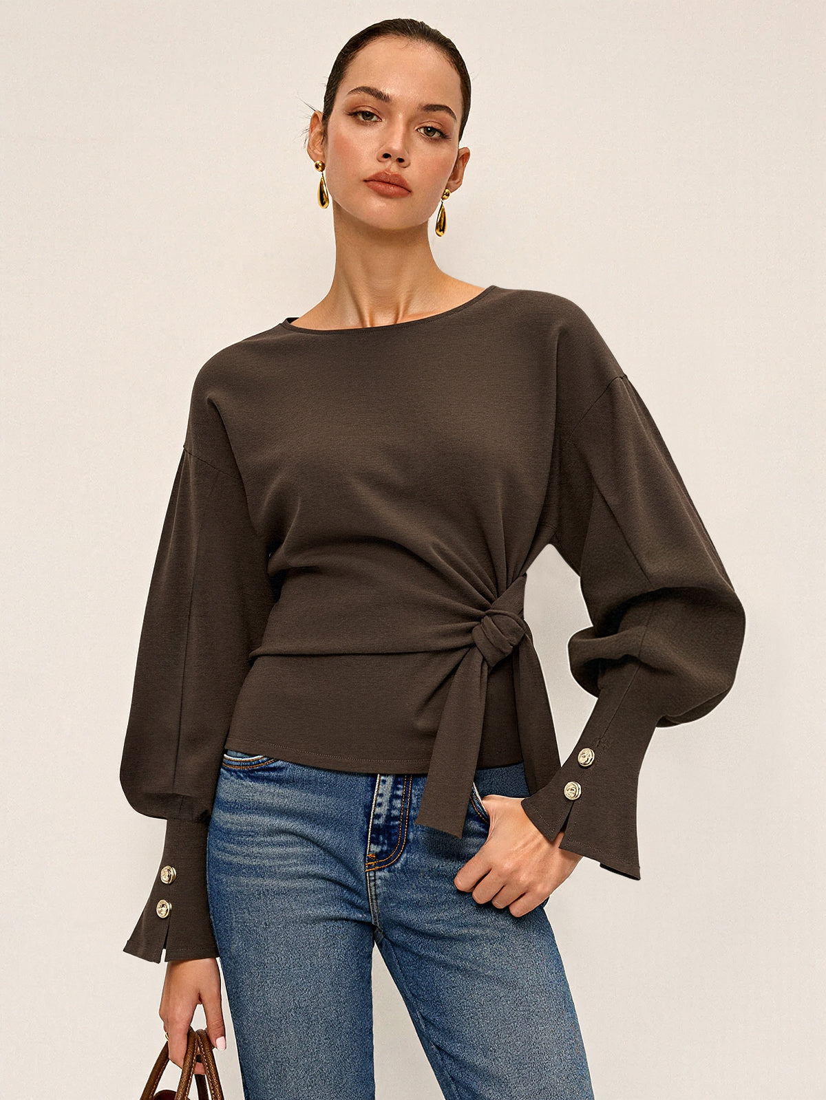 Knot Twist Detail Balloon Sleeve Cozy Sweatshirt