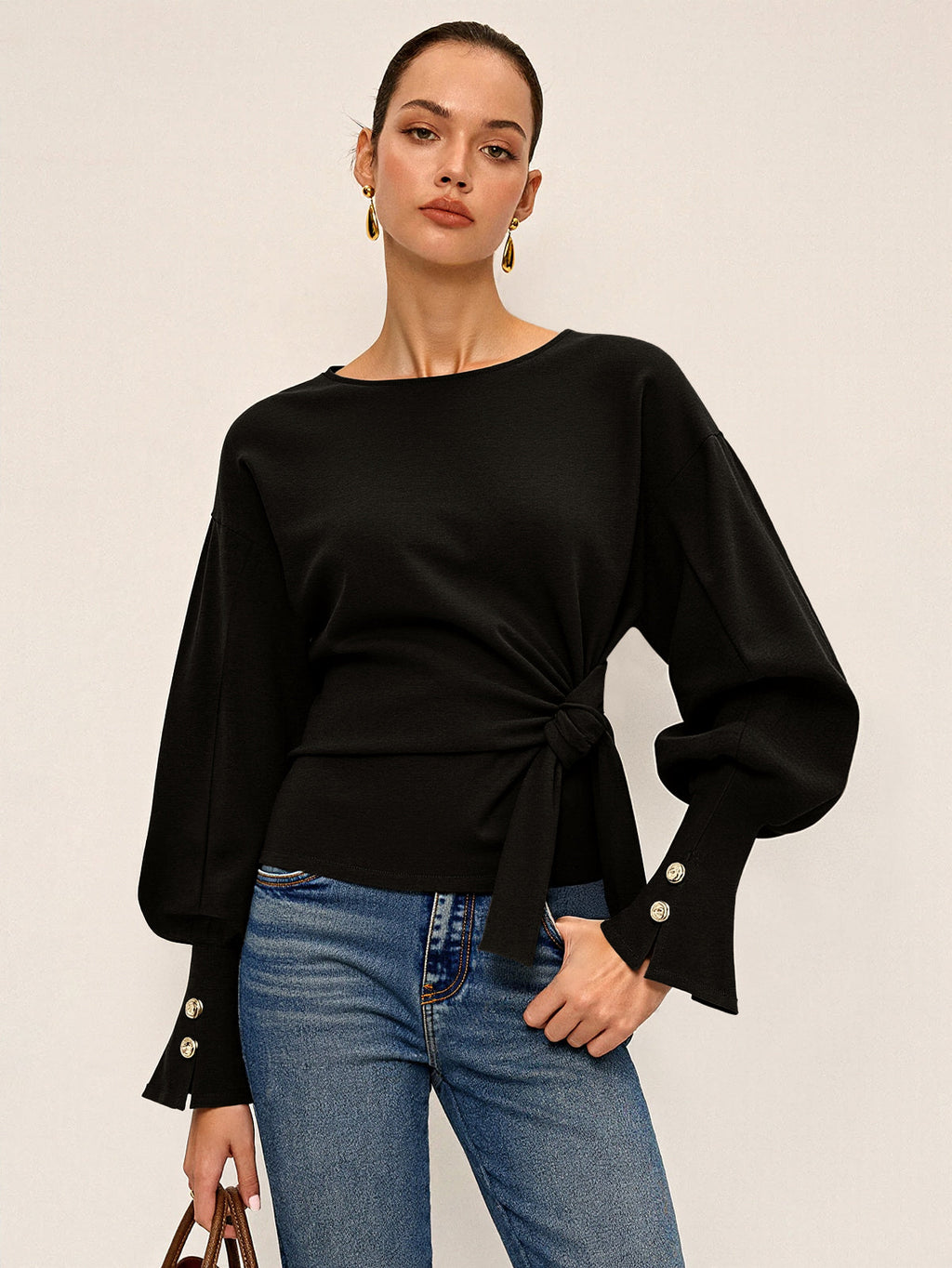 Knot Twist Detail Balloon Sleeve Cozy Sweatshirt