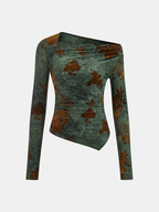 Asymmetric Floral Top with Long Ruffled Sleeves