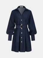 Buttoned Belted Denim Dress with Shirt Design