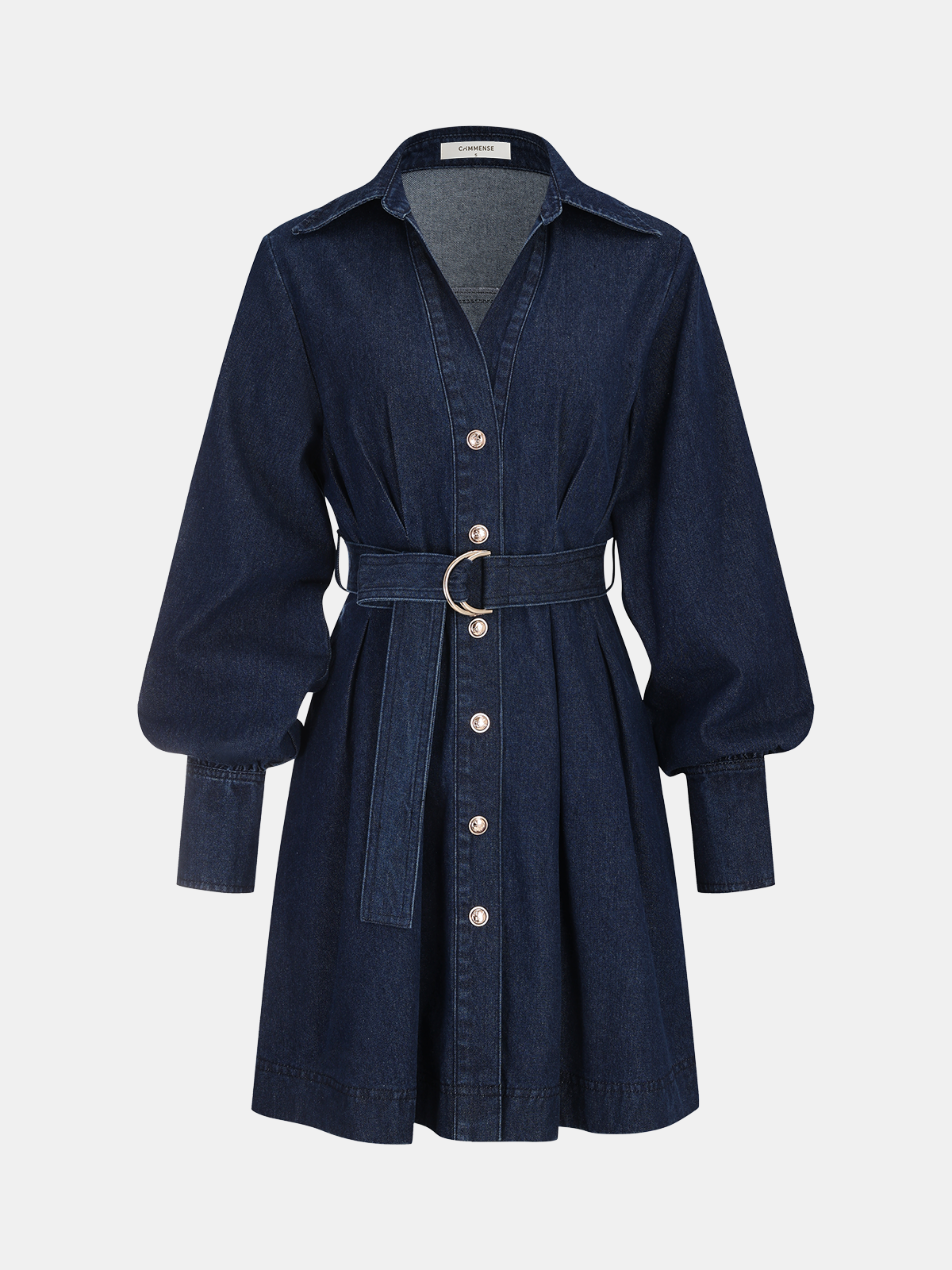 Buttoned Belted Denim Dress with Shirt Design
