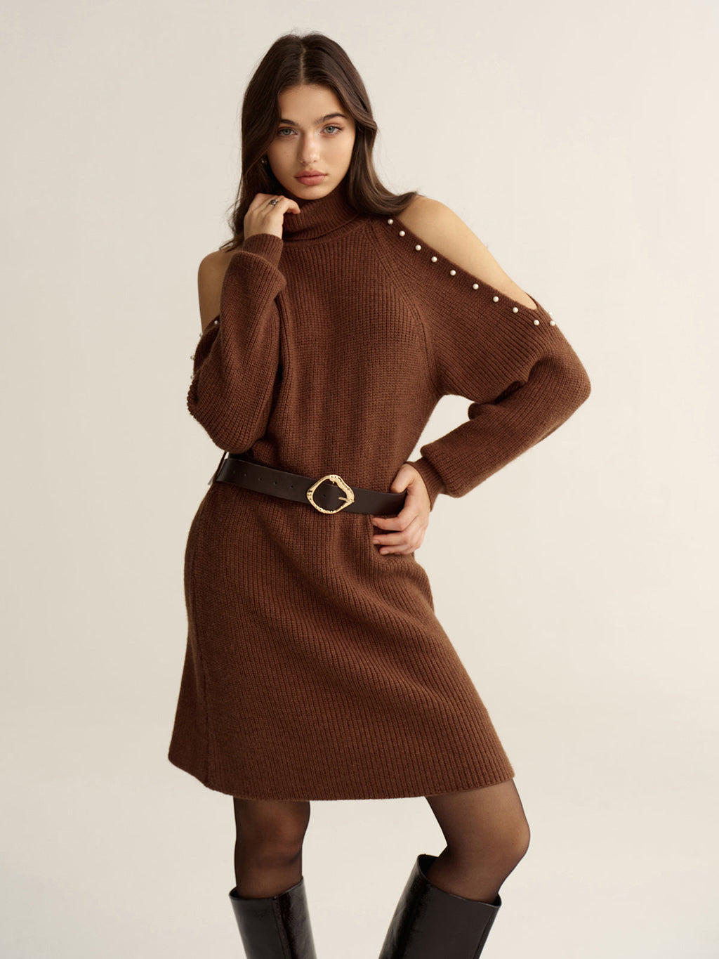Cold-Shoulder Turtleneck Dress with Belted Waist