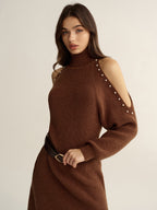 Cold-Shoulder Turtleneck Dress with Belted Waist