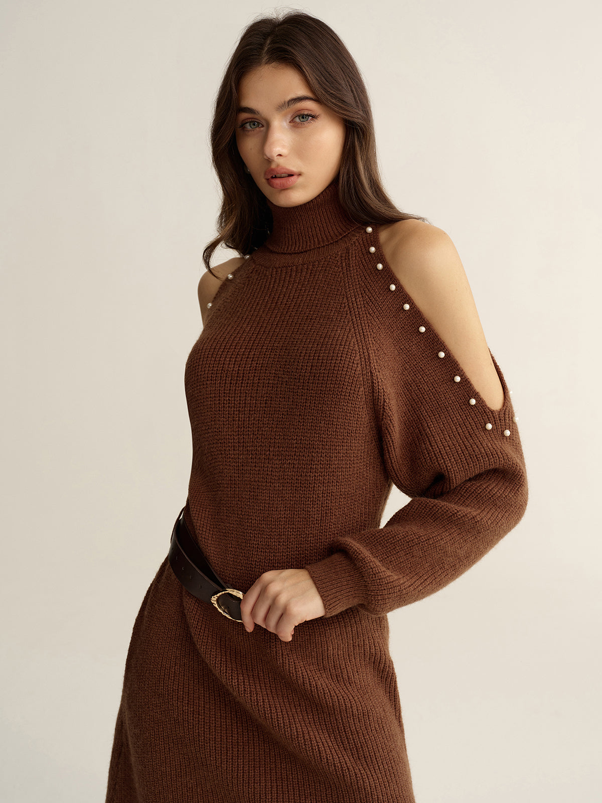 Cold-Shoulder Turtleneck Dress with Belted Waist
