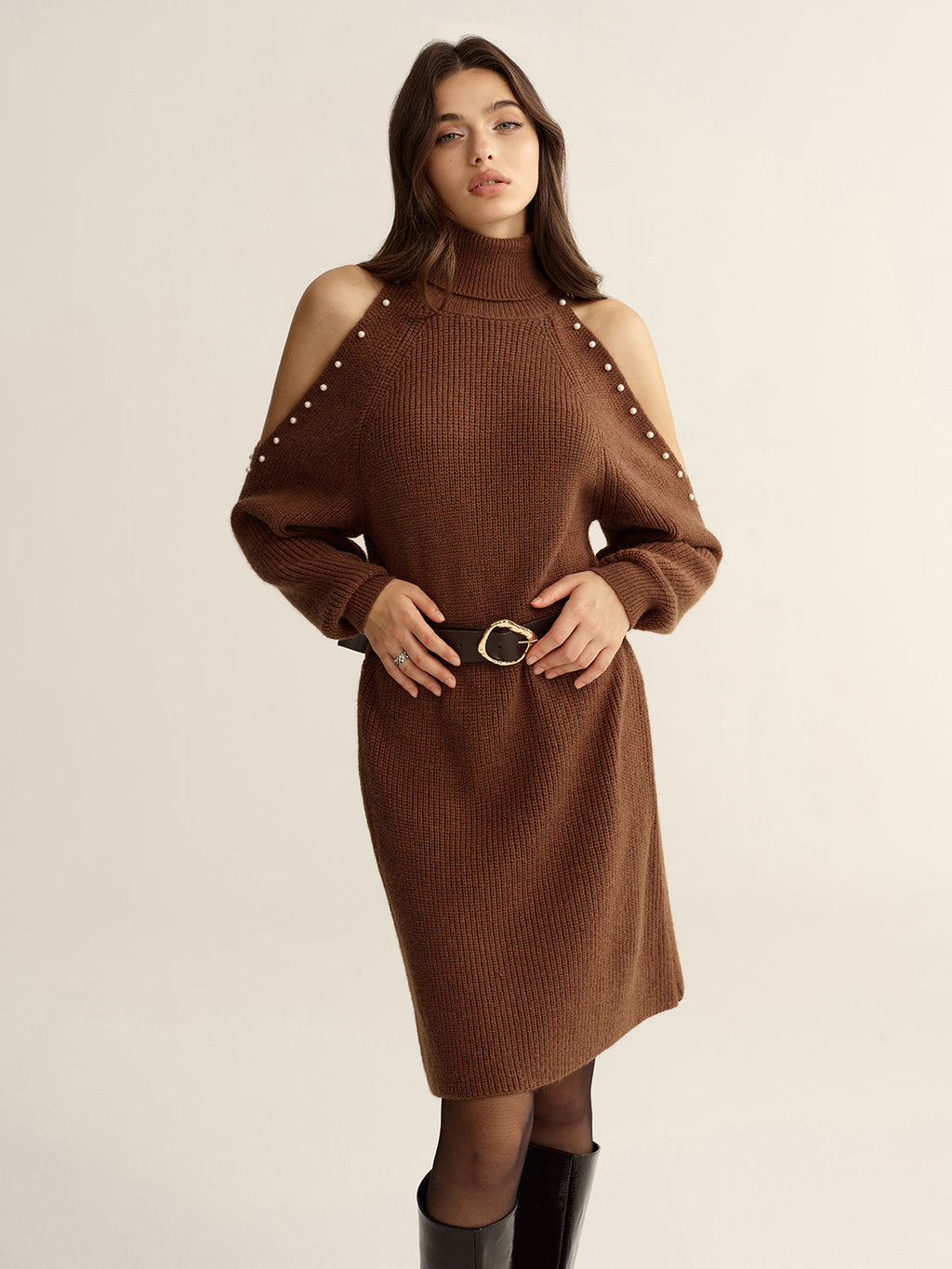Cold-Shoulder Turtleneck Dress with Belted Waist