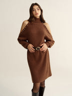 Cold-Shoulder Turtleneck Dress with Belted Waist