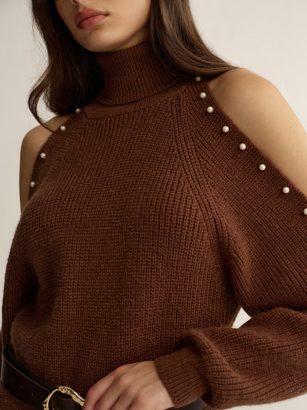 Cold-Shoulder Turtleneck Dress with Belted Waist