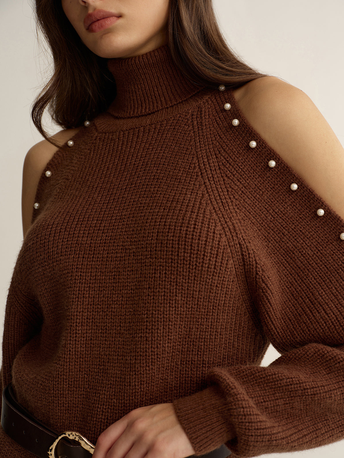 Cold-Shoulder Turtleneck Dress with Belted Waist
