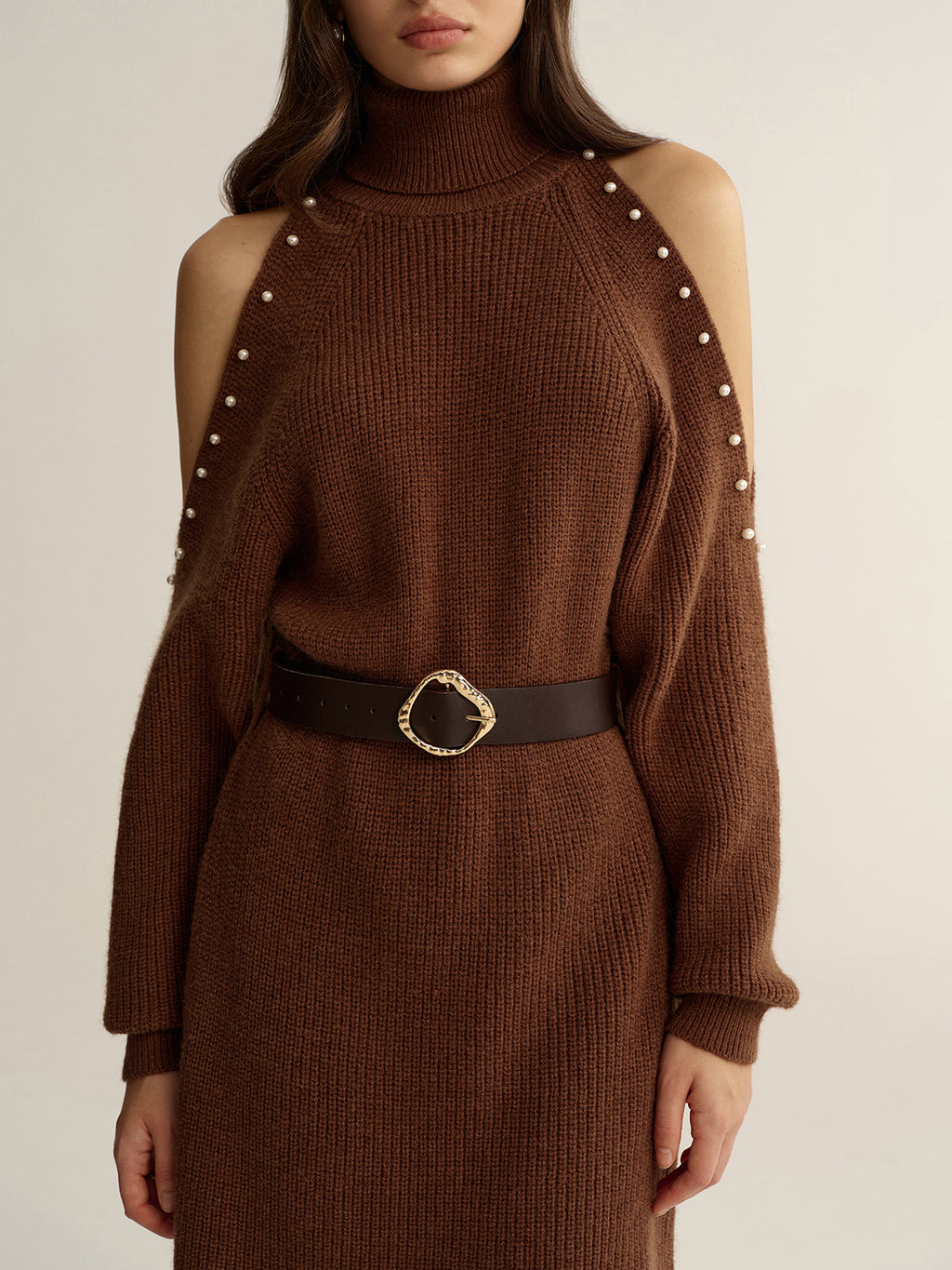 Cold-Shoulder Turtleneck Dress with Belted Waist