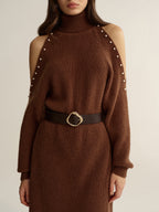 Cold-Shoulder Turtleneck Dress with Belted Waist