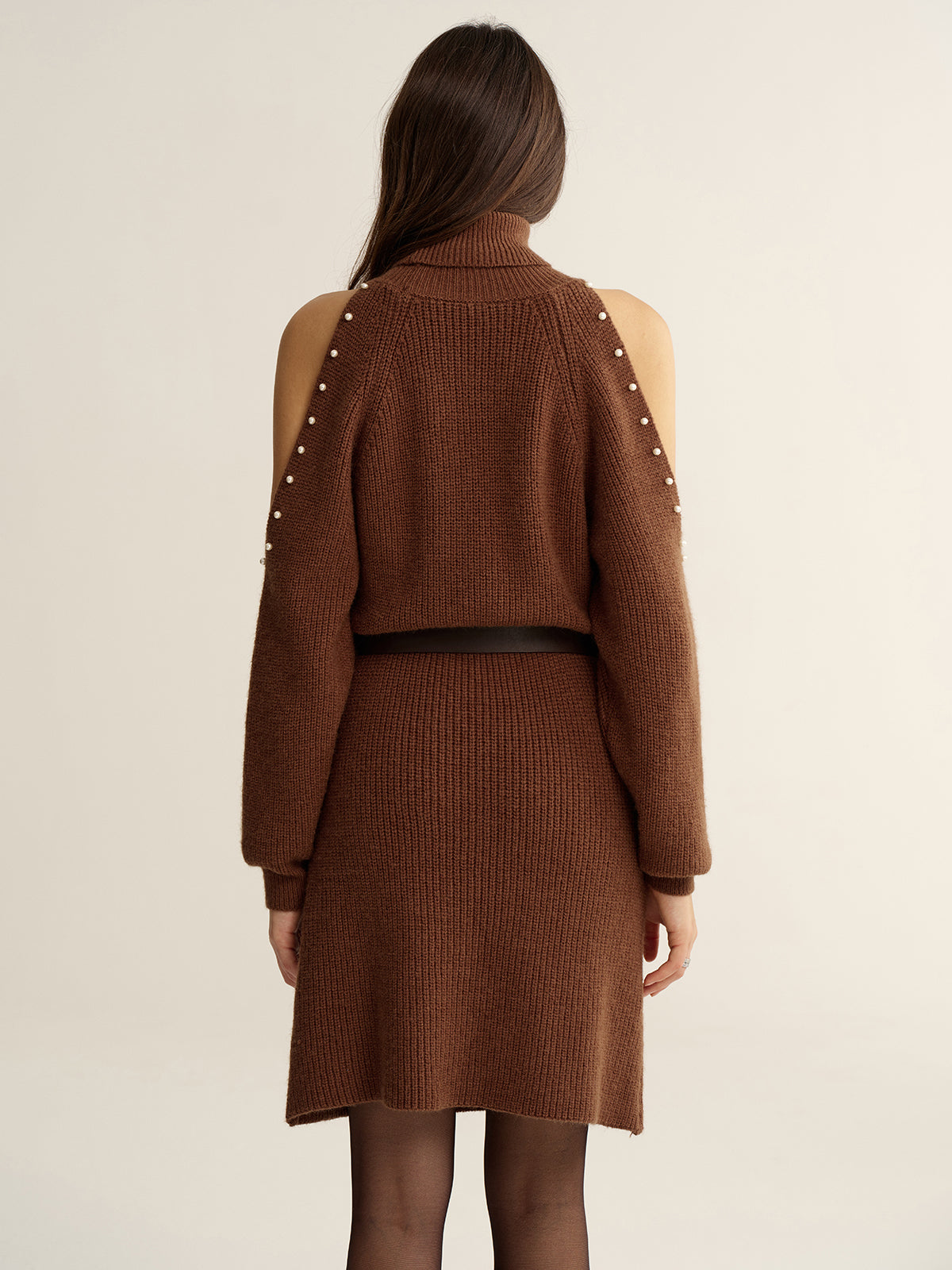 Cold-Shoulder Turtleneck Dress with Belted Waist