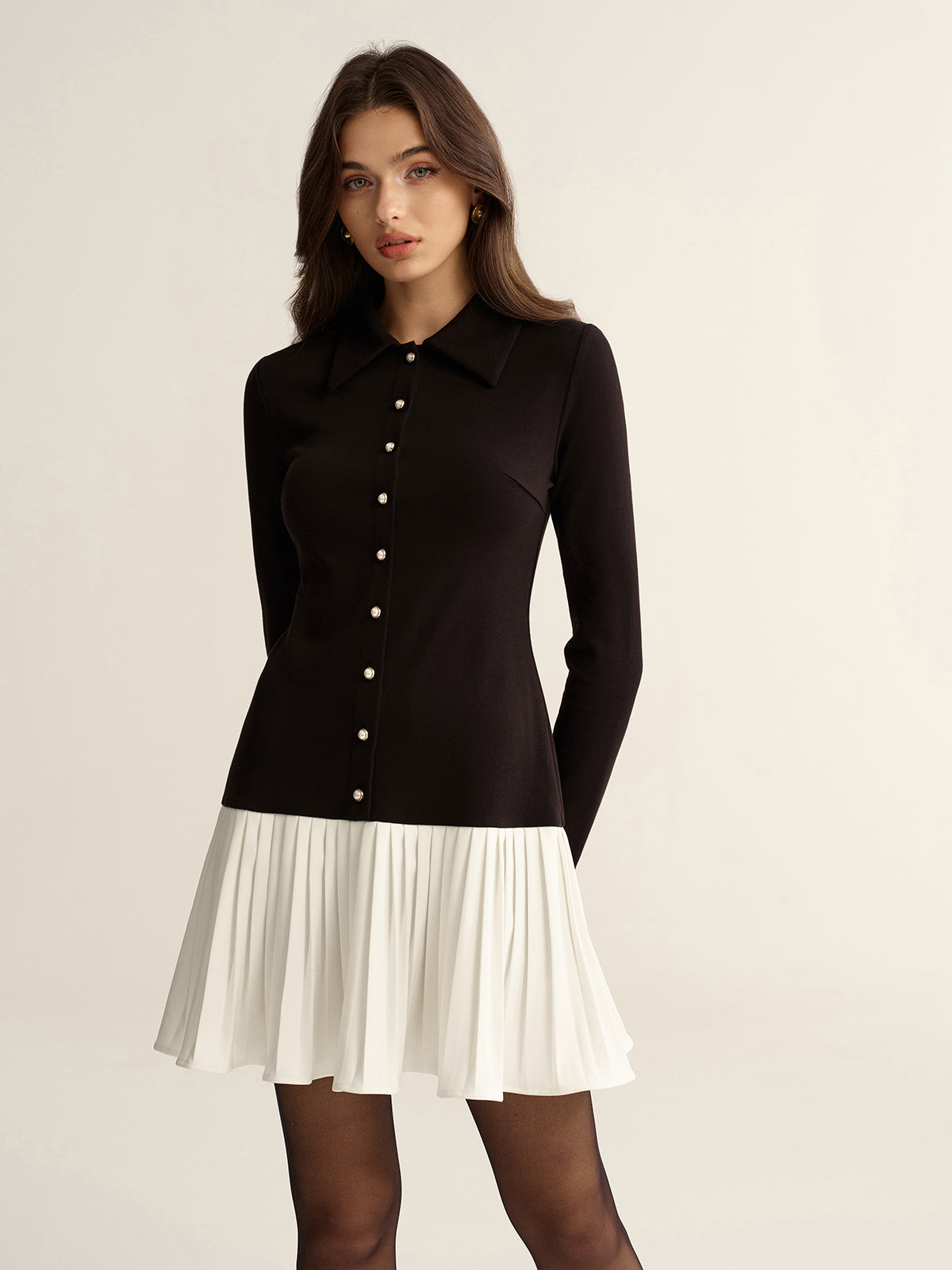Collared Mini Dress with Contrast Pleated Hem