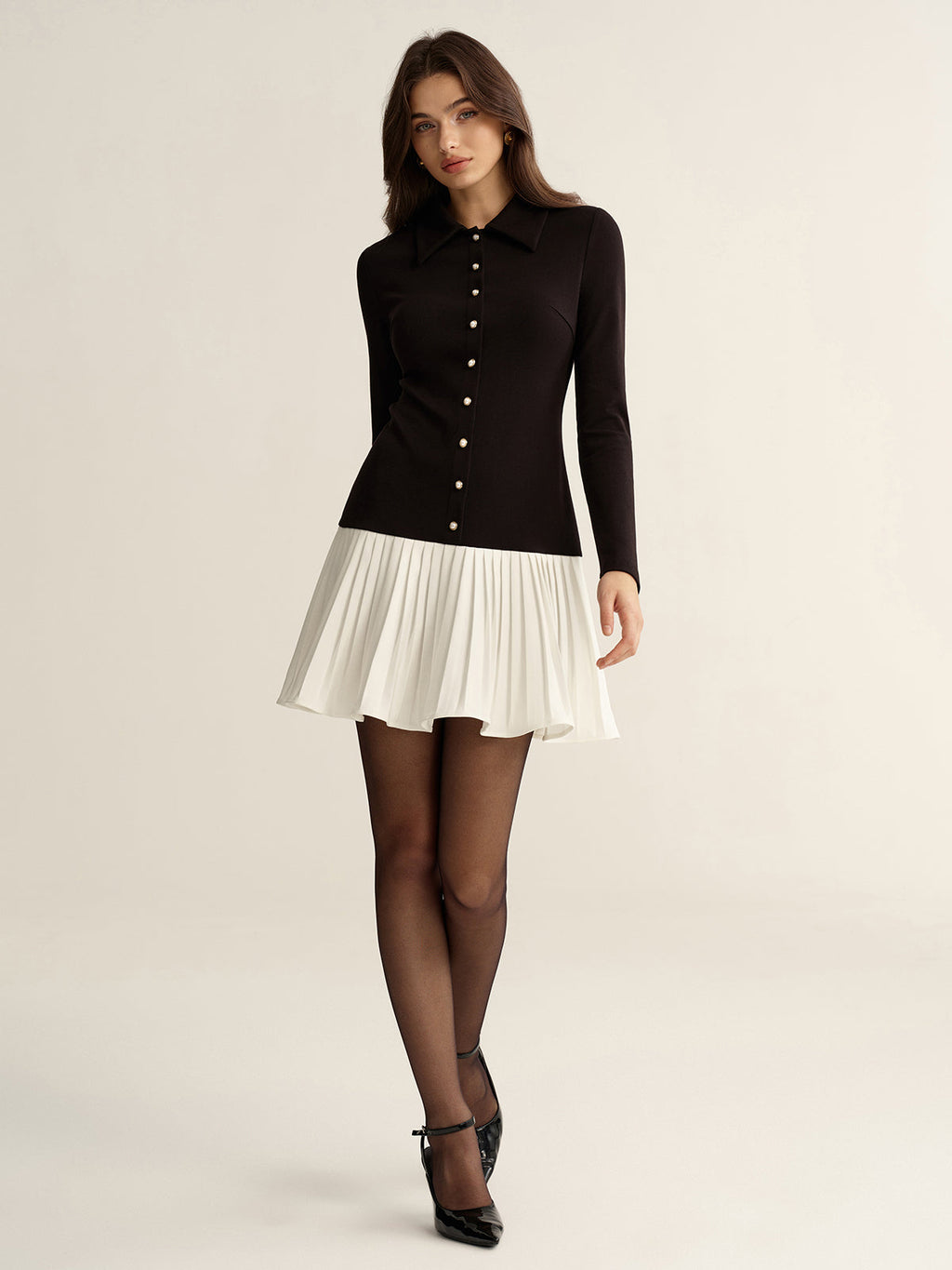 Collared Mini Dress with Contrast Pleated Hem