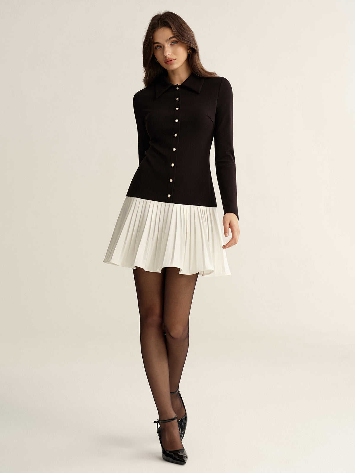 Collared Mini Dress with Contrast Pleated Hem