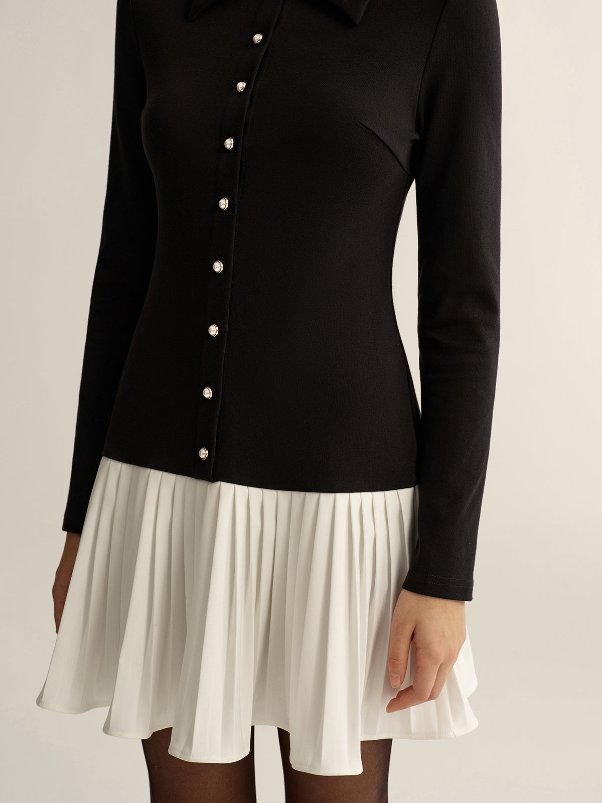 Collared Mini Dress with Contrast Pleated Hem