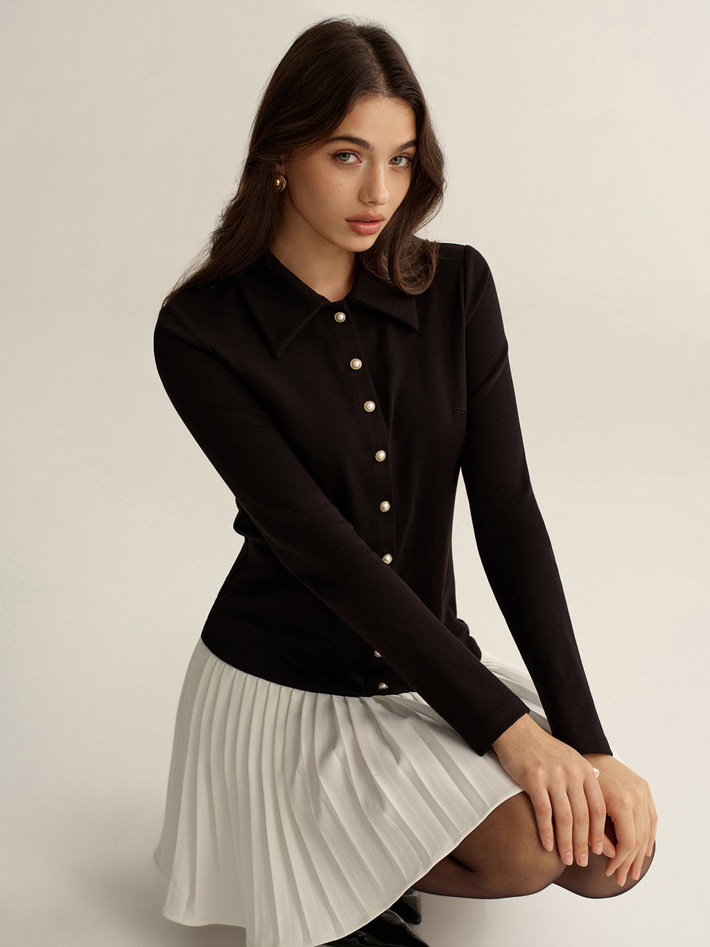 Collared Mini Dress with Contrast Pleated Hem