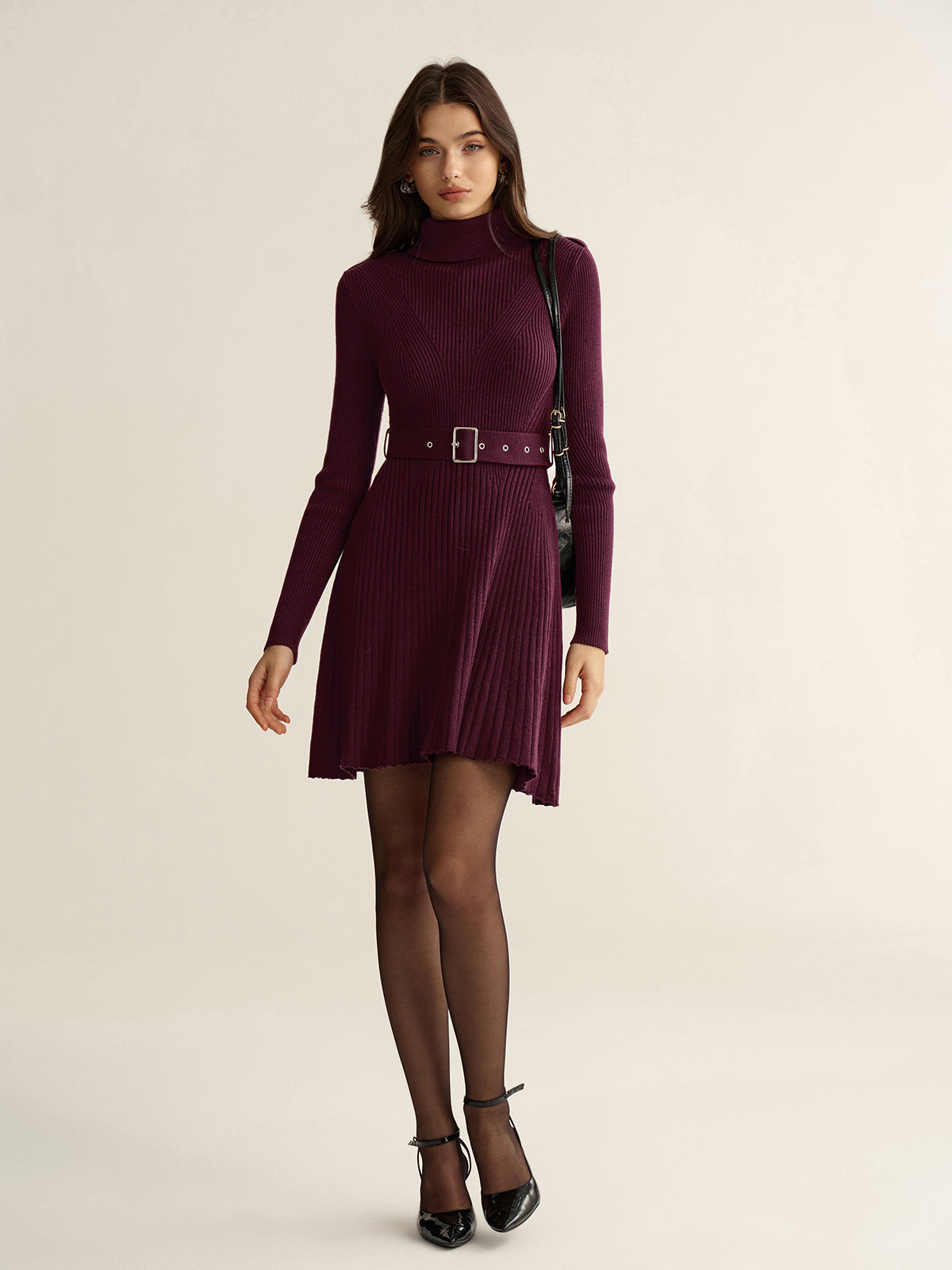 Belted Turtleneck Ribbed Mini Knit Dress
