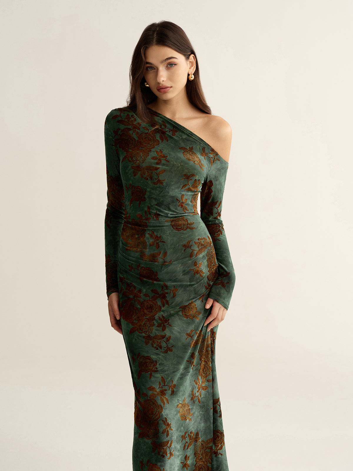 One-Shoulder Floral Jacquard Maxi Dress