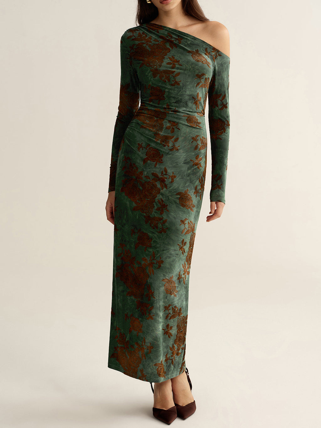 One-Shoulder Floral Jacquard Maxi Dress