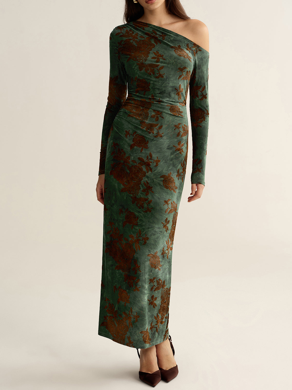 One-Shoulder Floral Jacquard Maxi Dress