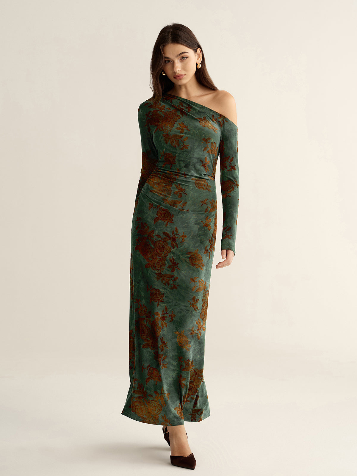 One-Shoulder Floral Jacquard Maxi Dress