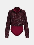Long Sleeve Bodysuit with Sequin Collar Detail