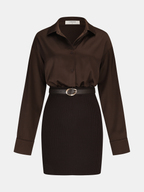 Ribbed Knit Dress with Belted Shirt Panel Design