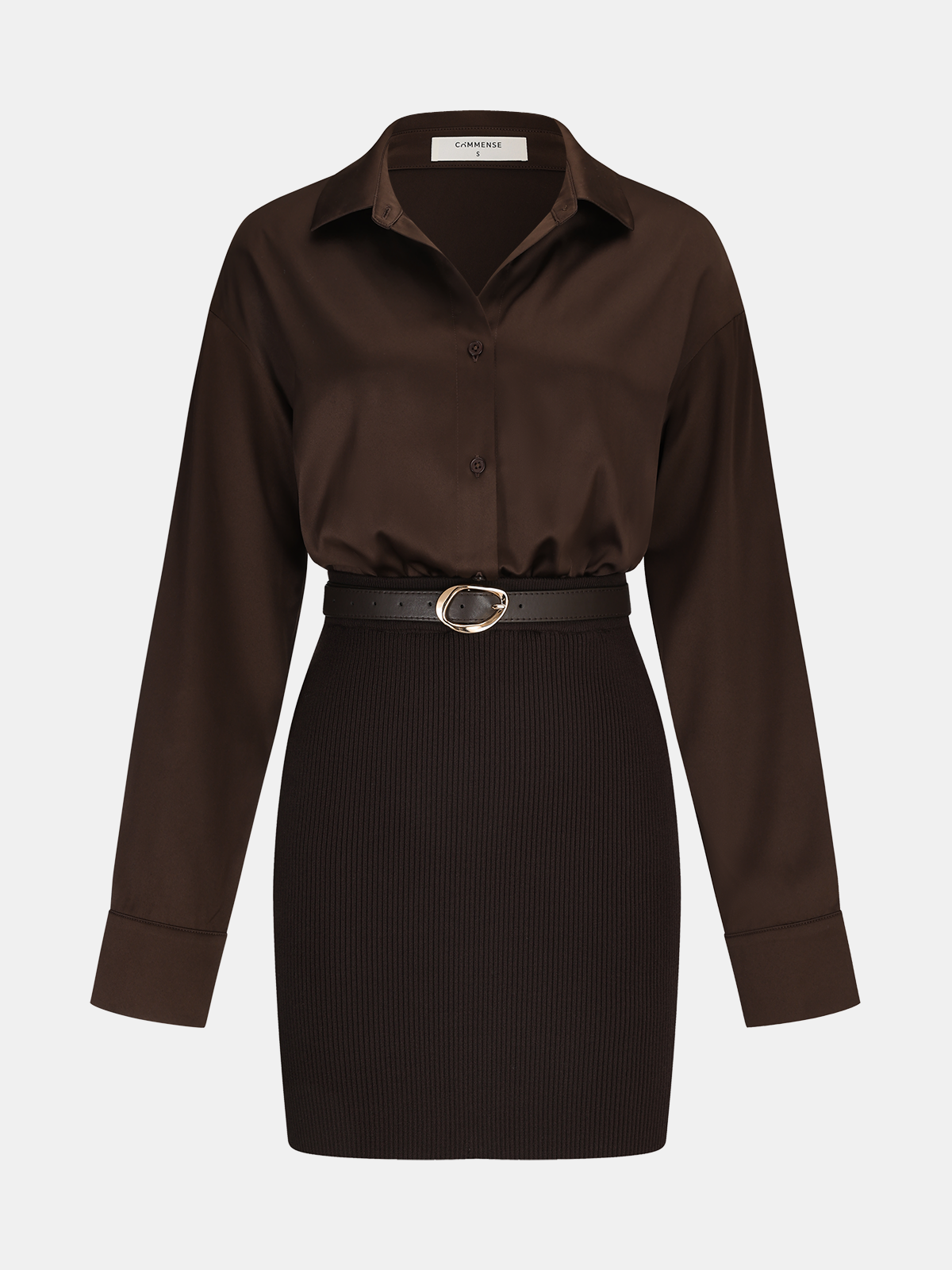 Ribbed Knit Dress with Belted Shirt Panel Design