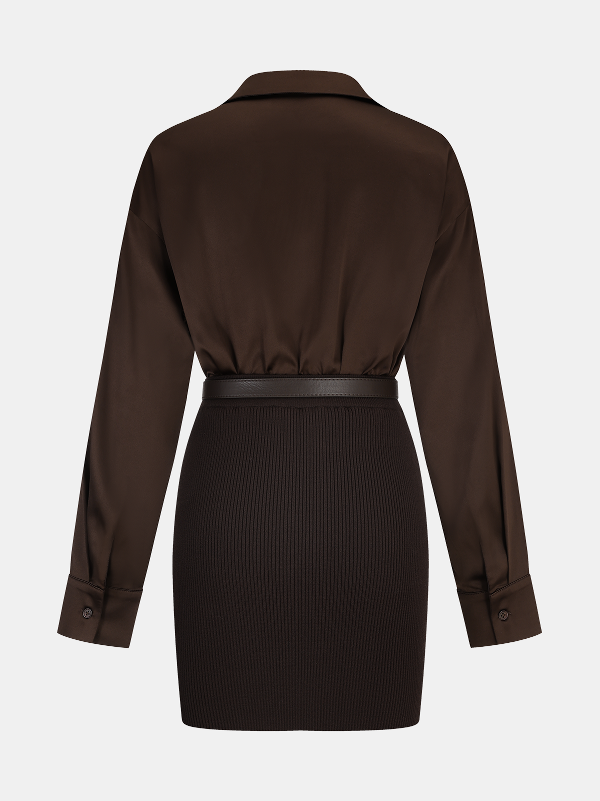 Ribbed Knit Dress with Belted Shirt Panel Design