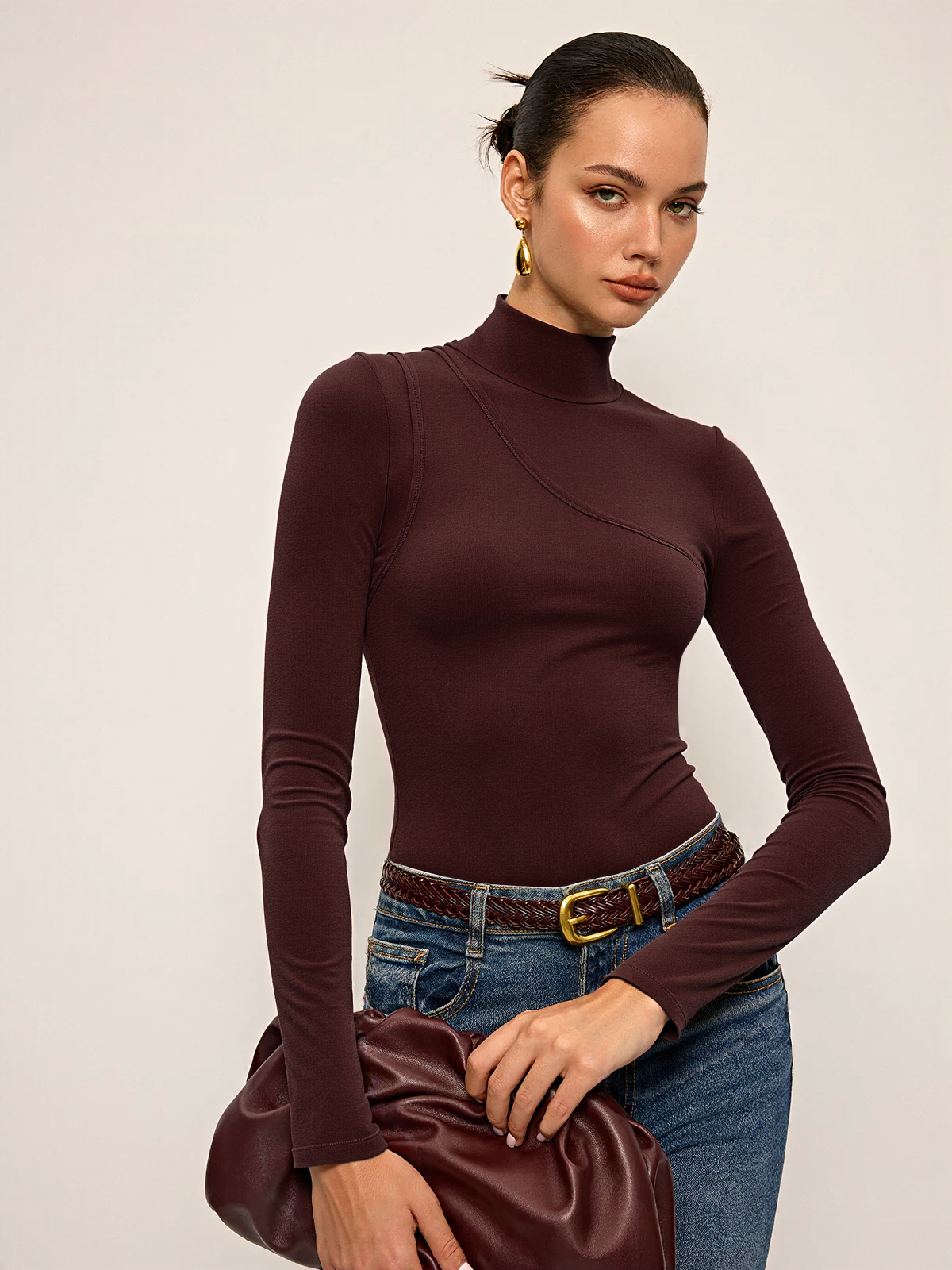 Mock Neck Long-Sleeve T-Shirt with Seam Detail