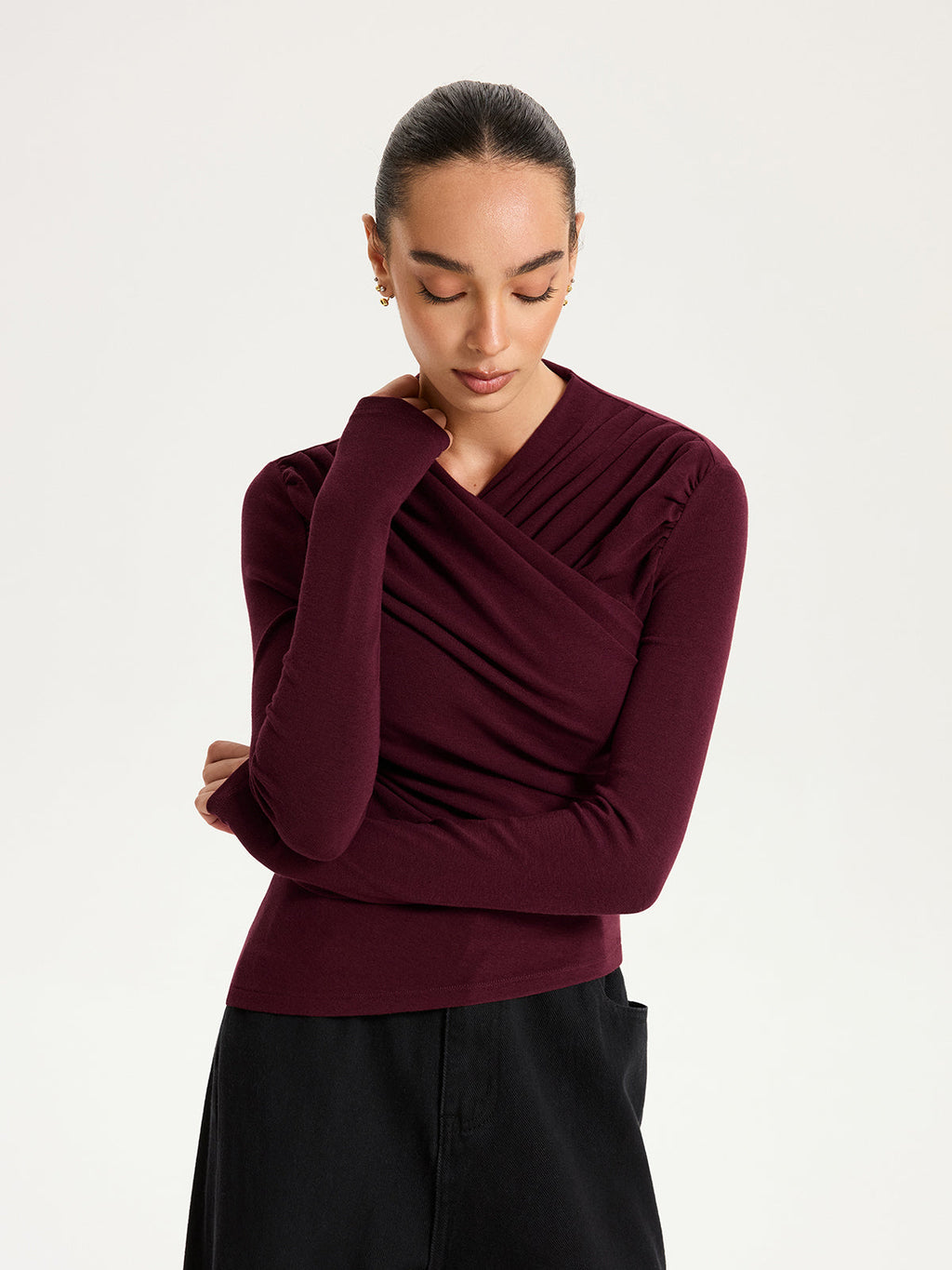 Crisscross Ruched Top with Long Sleeves
