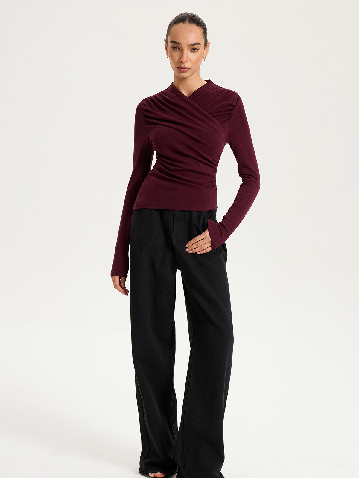 Crisscross Ruched Top with Long Sleeves