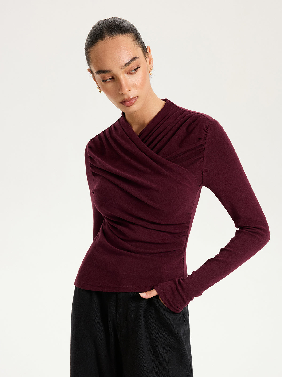 Crisscross Ruched Top with Long Sleeves