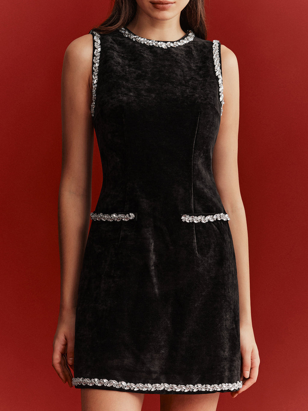 Velvet Shift Dress with Crystal Embellishments