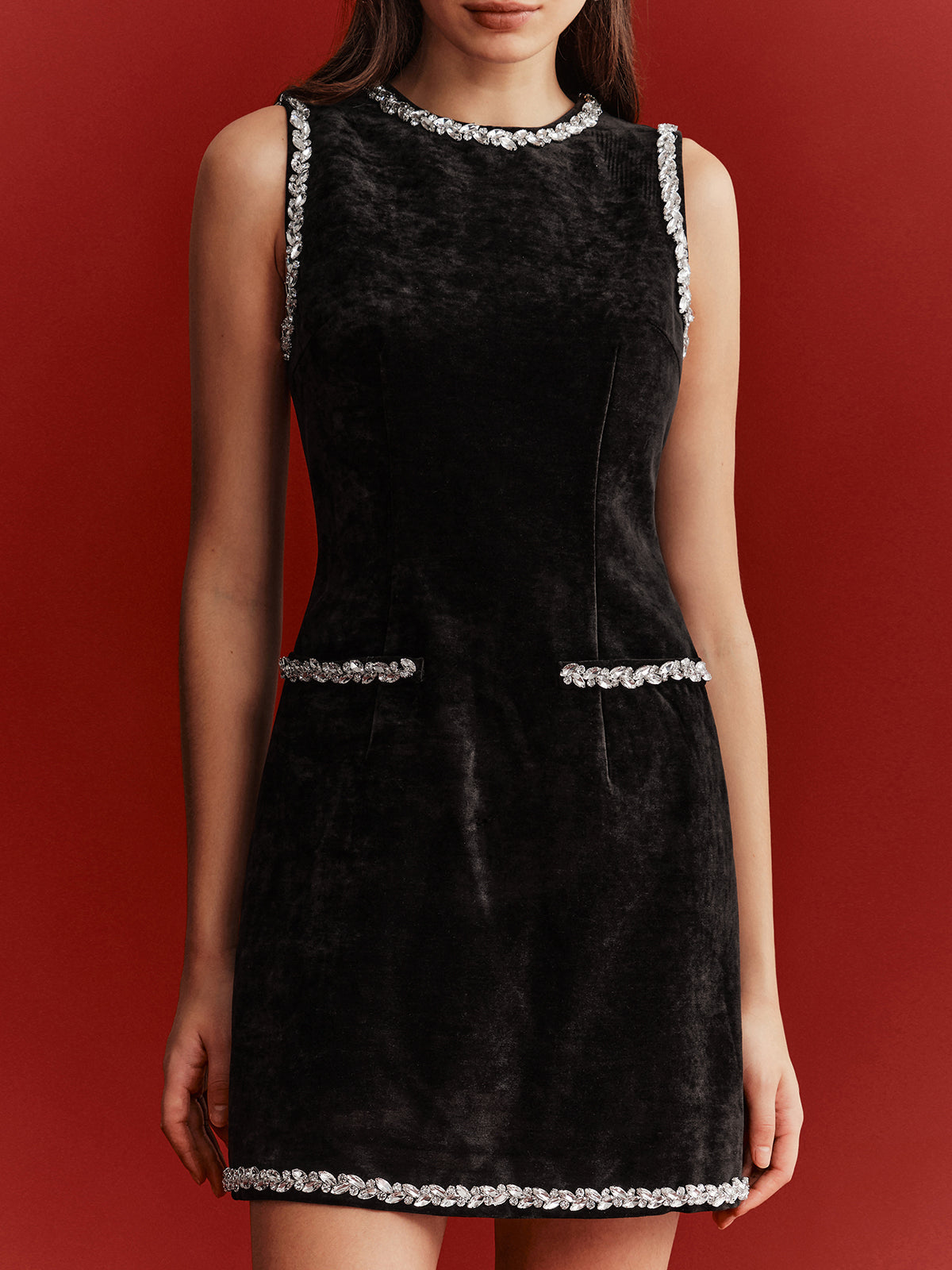Velvet Shift Dress with Crystal Embellishments