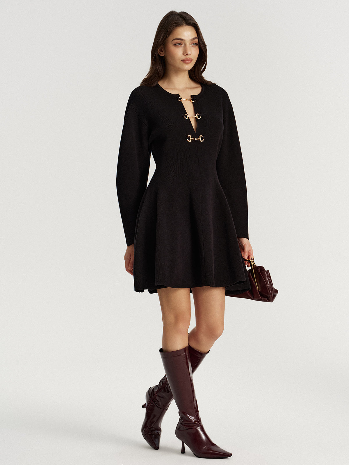 Flared Knit Dress with Horsebit Accent