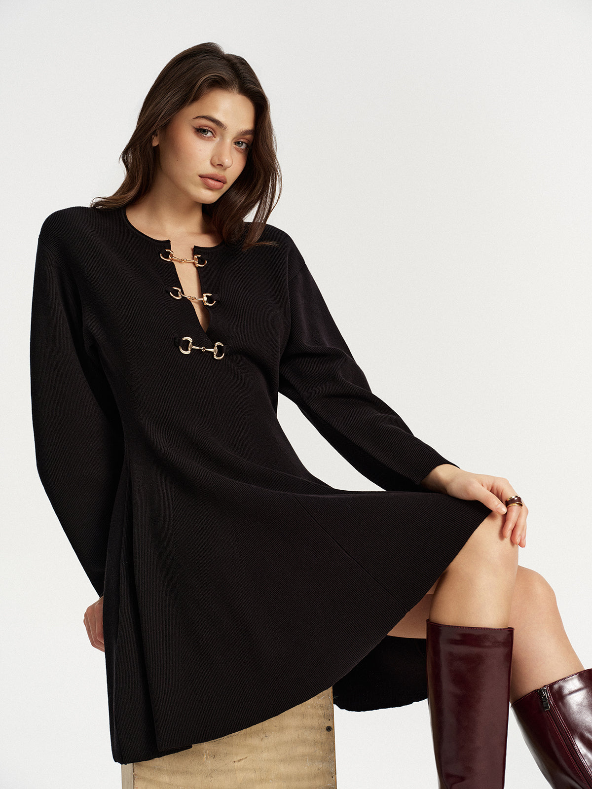 Flared Knit Dress with Horsebit Accent