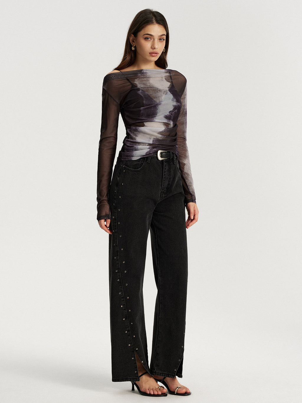 Off-Shoulder Long Sleeve Mesh Tie-Dye T-Shirt