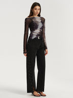 Off-Shoulder Long Sleeve Mesh Tie-Dye T-Shirt