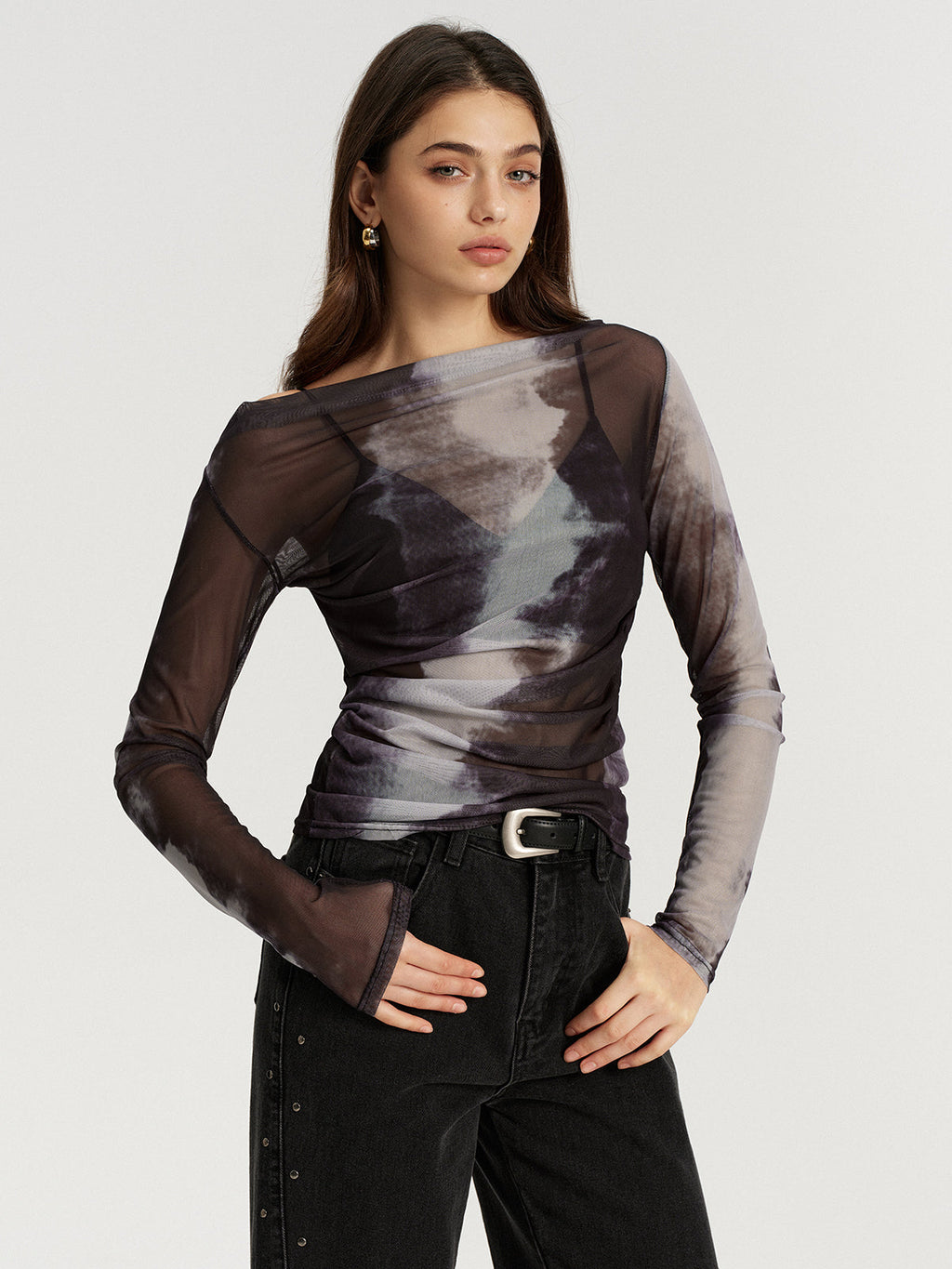 Off-Shoulder Long Sleeve Mesh Tie-Dye T-Shirt