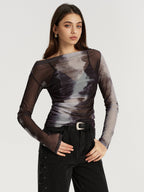 Off-Shoulder Long Sleeve Mesh Tie-Dye T-Shirt