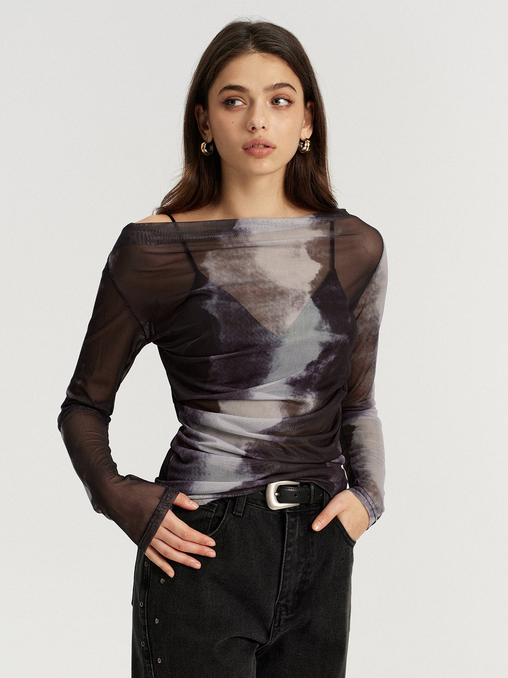 Off-Shoulder Long Sleeve Mesh Tie-Dye T-Shirt