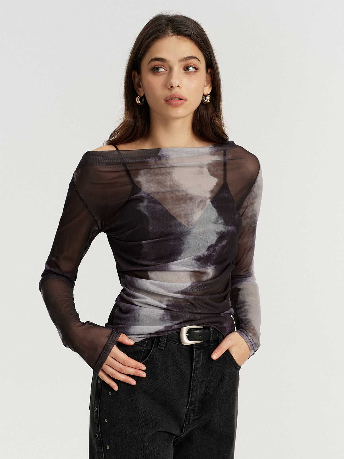 Off-Shoulder Long Sleeve Mesh Tie-Dye T-Shirt