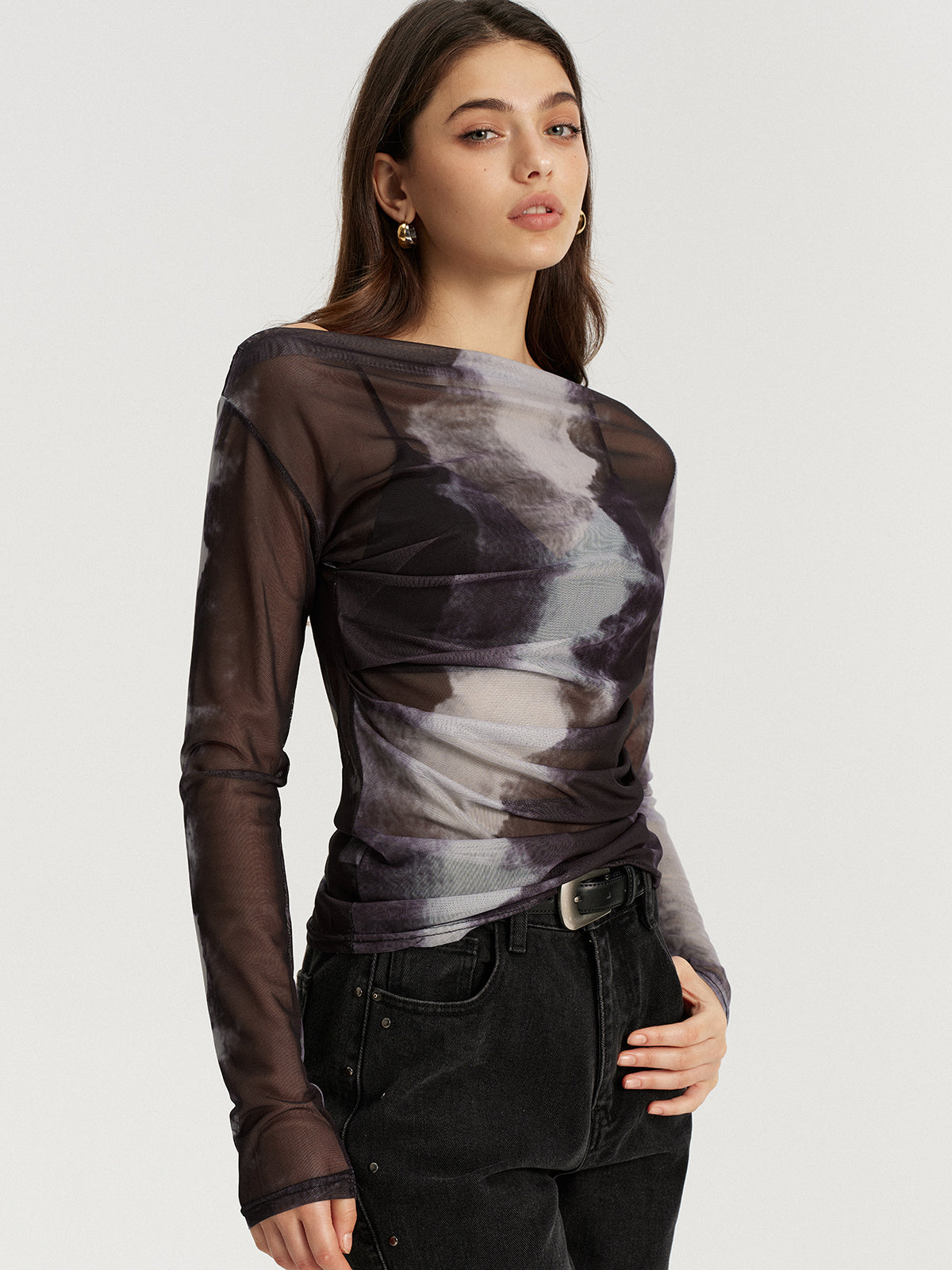Off-Shoulder Long Sleeve Mesh Tie-Dye T-Shirt