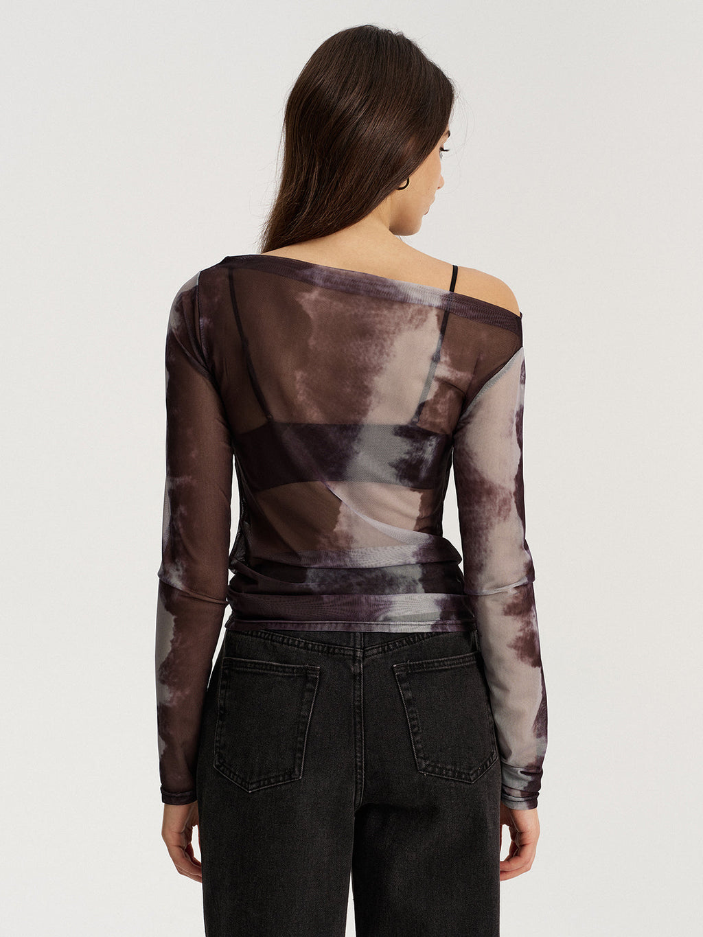 Off-Shoulder Long Sleeve Mesh Tie-Dye T-Shirt
