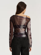 Off-Shoulder Long Sleeve Mesh Tie-Dye T-Shirt